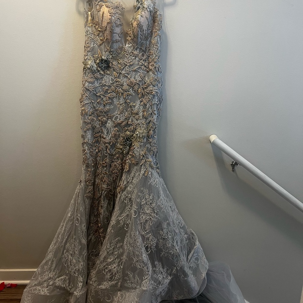Tarik Ediz Elegant Lace Gown in Silver and Gold